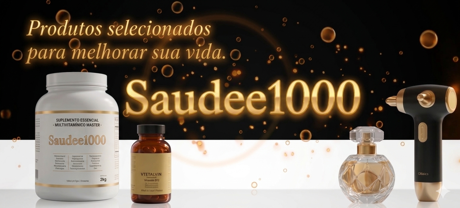 Banner profissional Saudee1000 com suplementos vitam&iacute;nicos, perfume e produtos de beleza sobre fundo preto e dourado.