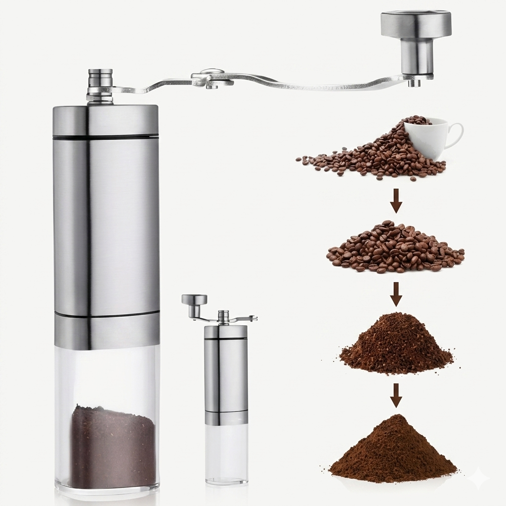 Moedor de caf&eacute; manual inox Unyhome com gr&atilde;os e p&oacute; de caf&eacute;.
