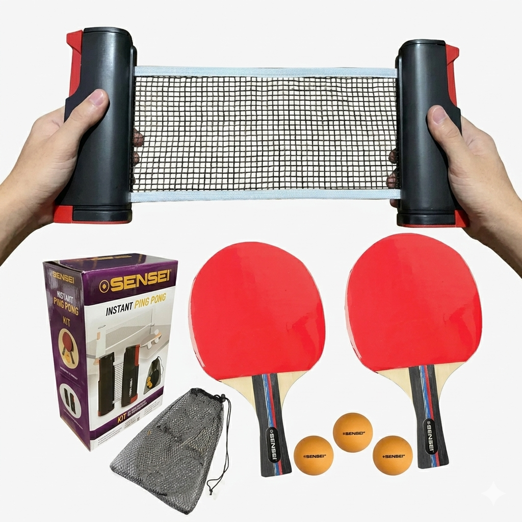 Kit de t&ecirc;nis de mesa Sensei com raquetes profissionais e rede retr&aacute;til.