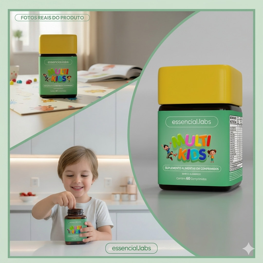 Multi Kids Essencial.Labs - Suplemento Vitam&iacute;nico Infantil Sabor Morango com 60 comprimidos mastig&aacute;veis.