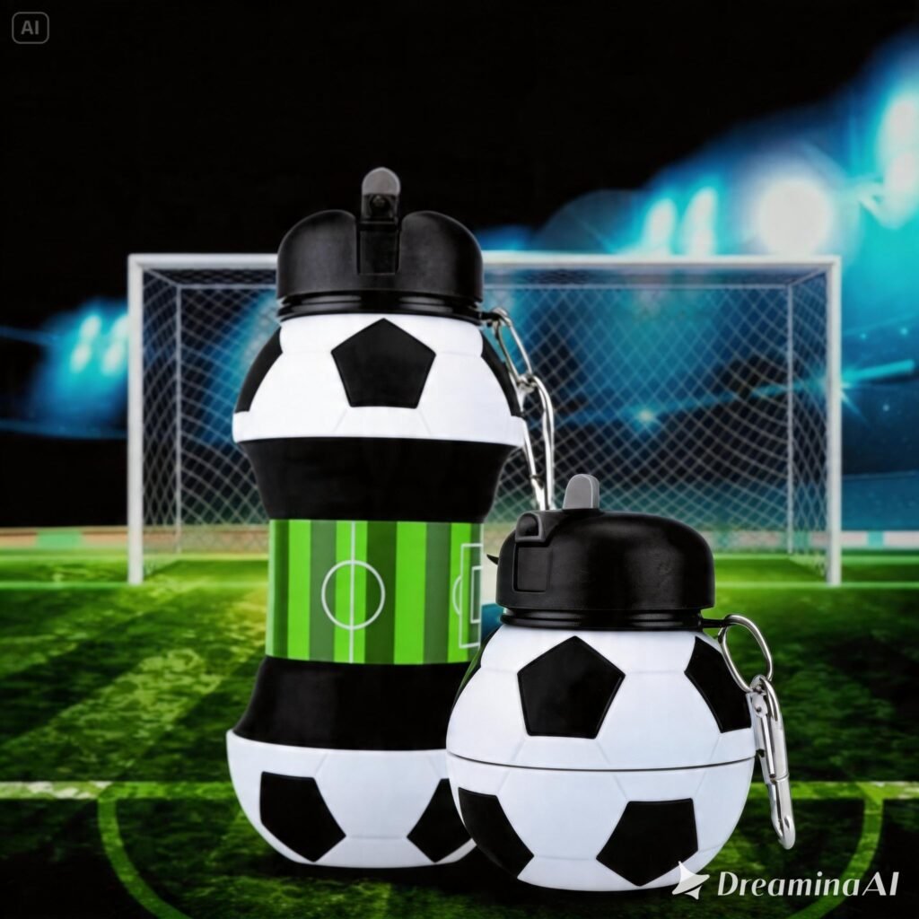 Garrafa de silicone tem&aacute;tica de futebol em formato de bola, cor preta e branca.