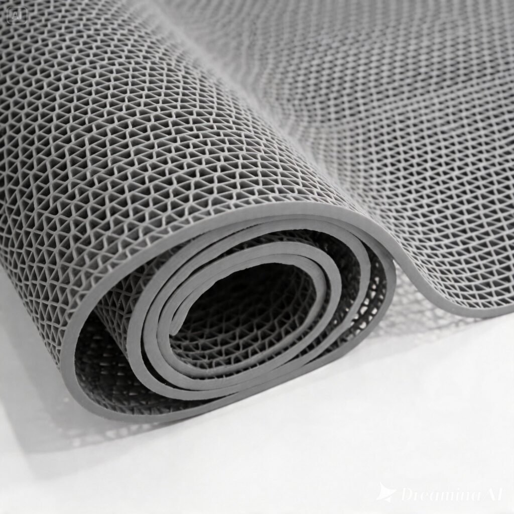 Tapete antiderrapante vazado IVALAR em PVC cinza para banheiro e piscina.